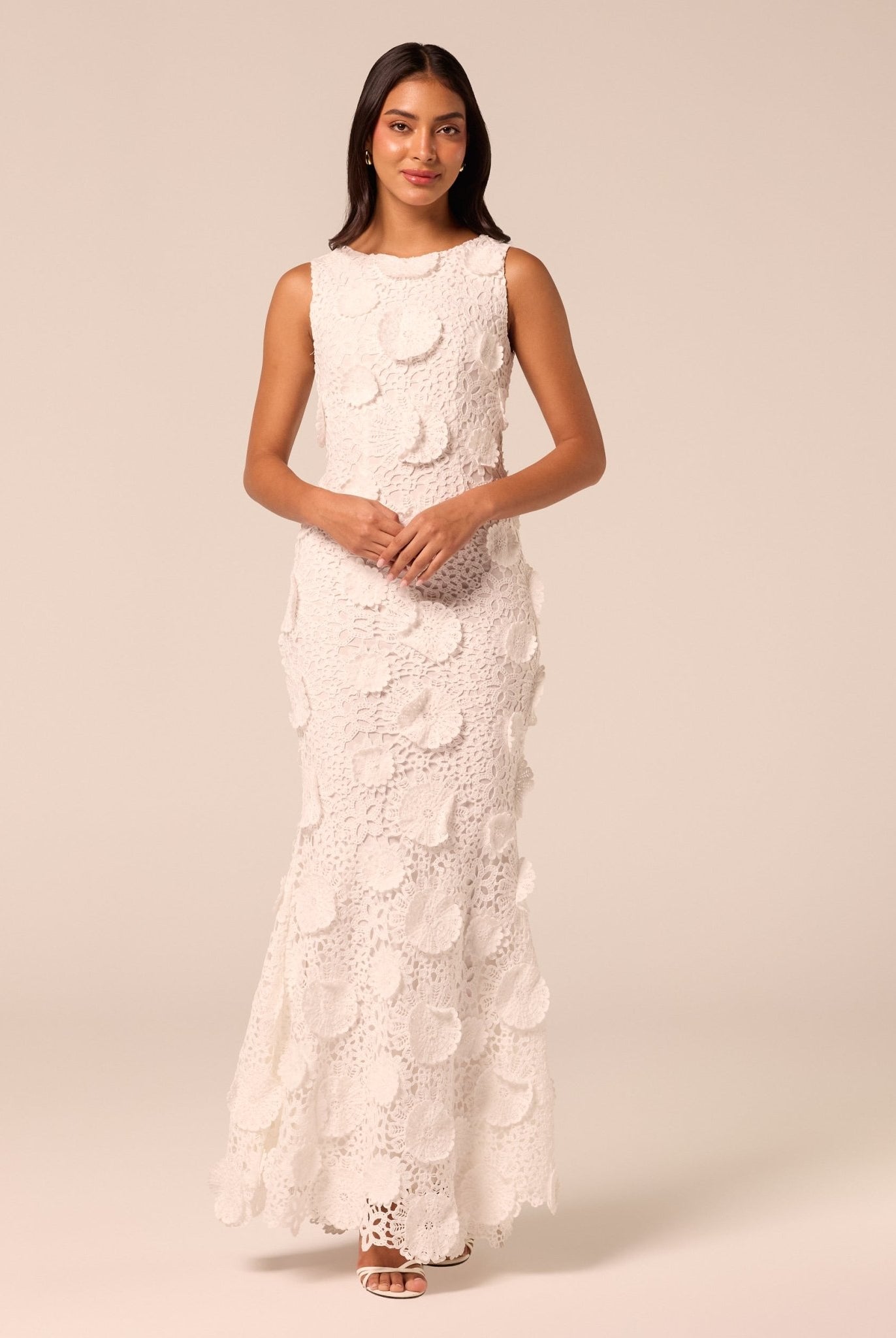 White Floral Applique Lace Maxi Dress - shopaleena