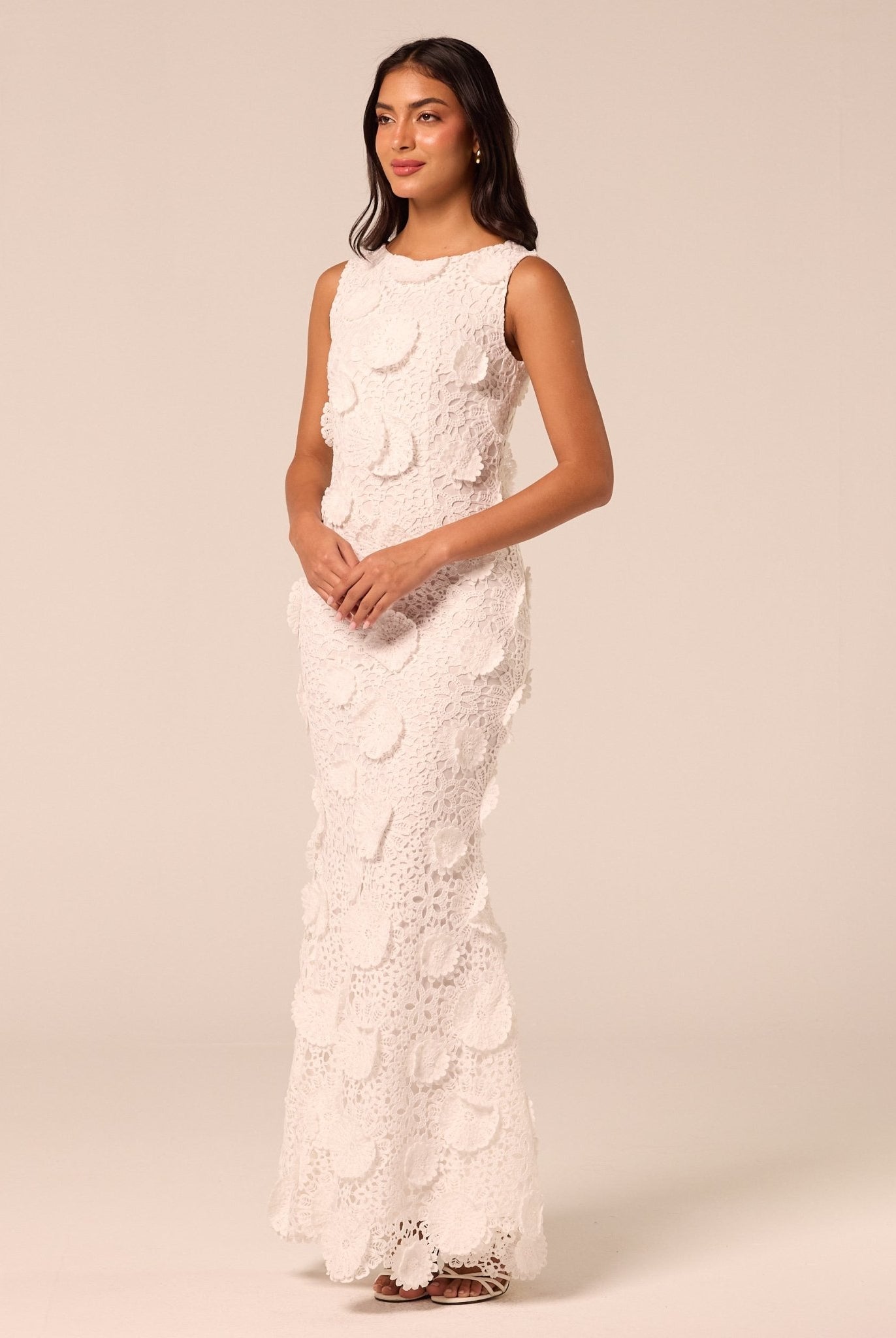White Floral Applique Lace Maxi Dress - shopaleena