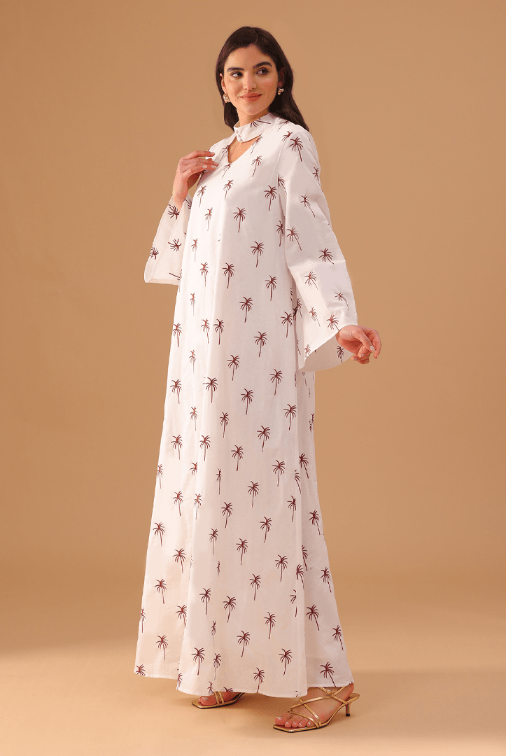 White Fully Embroidered Long Sleeve Kaftan - shopaleena