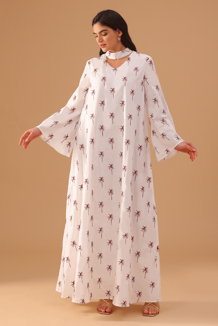 White Fully Embroidered Long Sleeve Kaftan - shopaleena