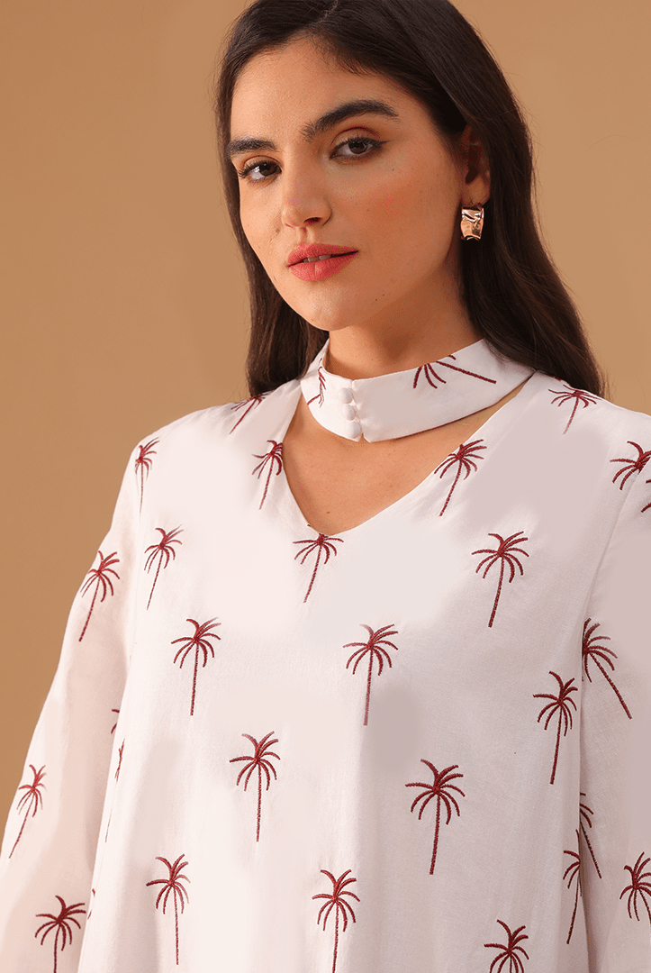 White Fully Embroidered Long Sleeve Kaftan - shopaleena