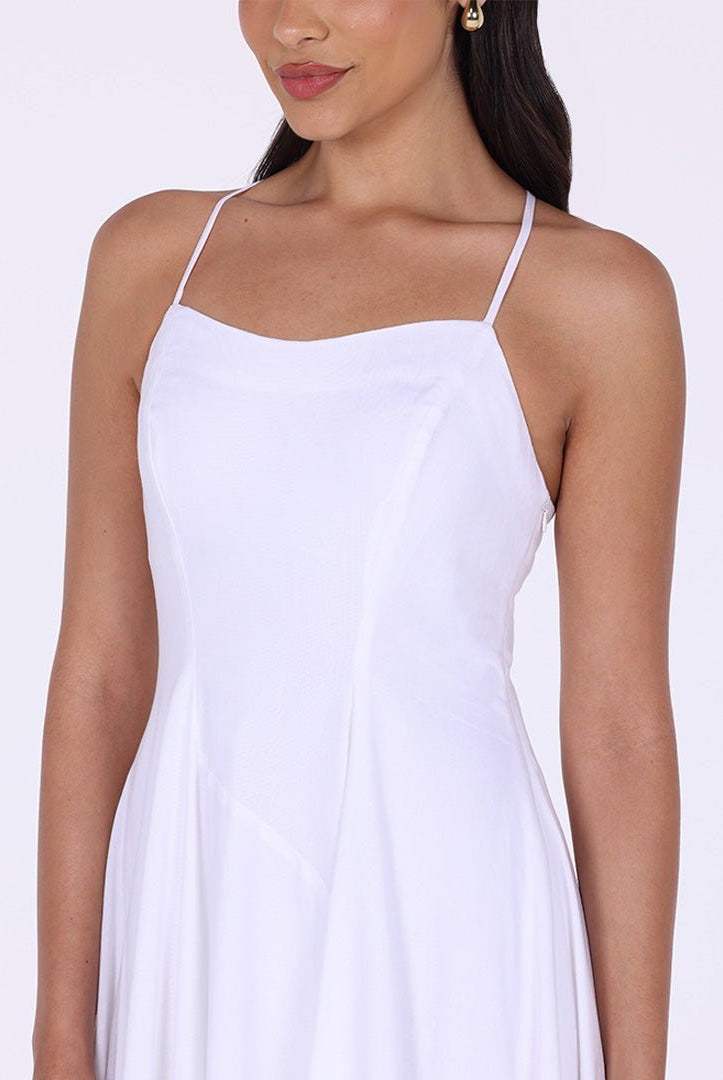 White Halter Straps Hanky Hem Midi Dress - shopaleena