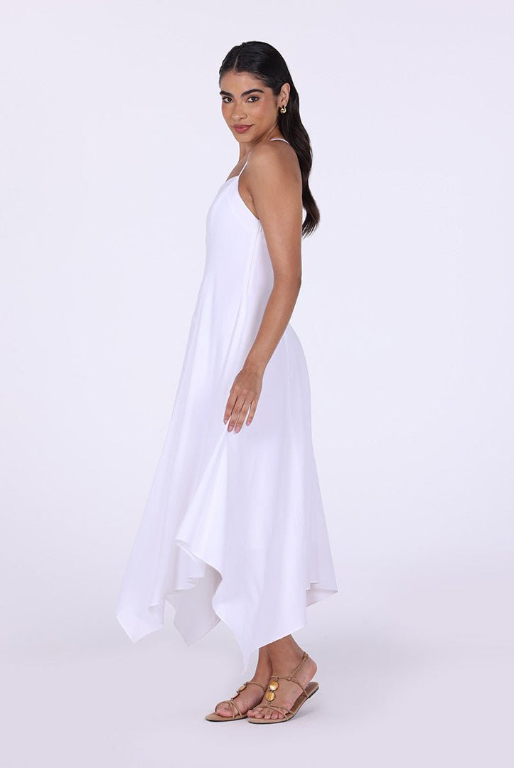 White Halter Straps Hanky Hem Midi Dress - shopaleena