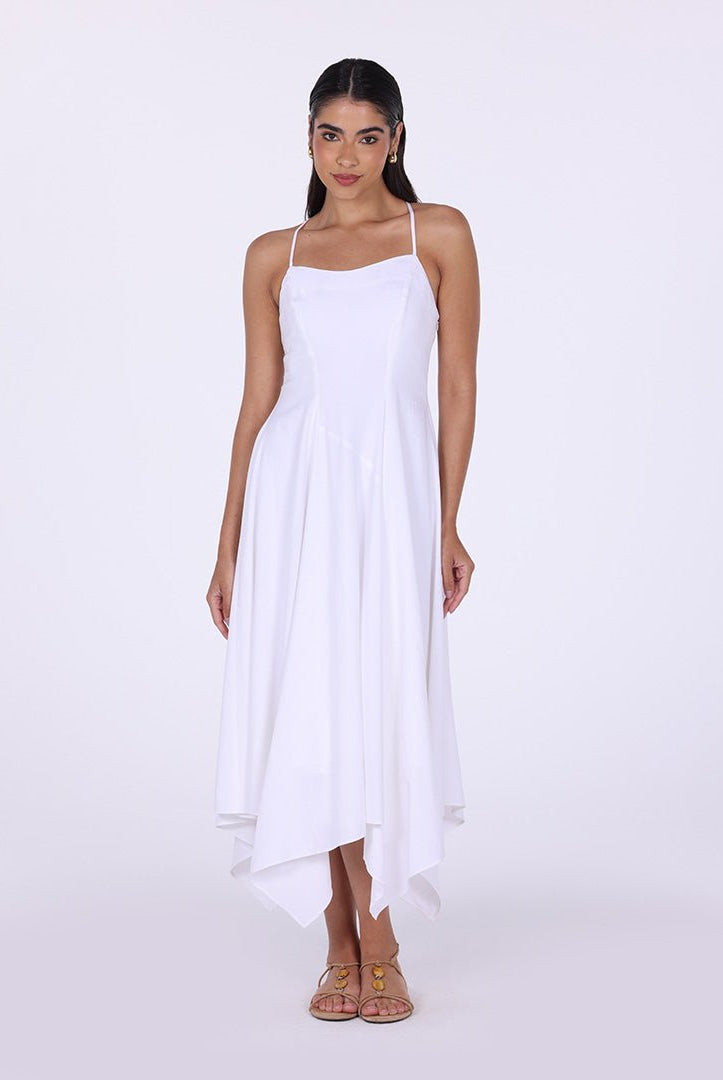White Halter Straps Hanky Hem Midi Dress - shopaleena