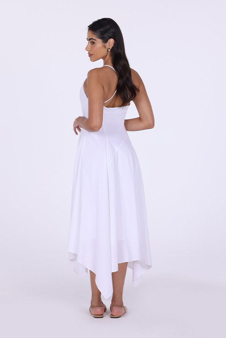 White Halter Straps Hanky Hem Midi Dress - shopaleena