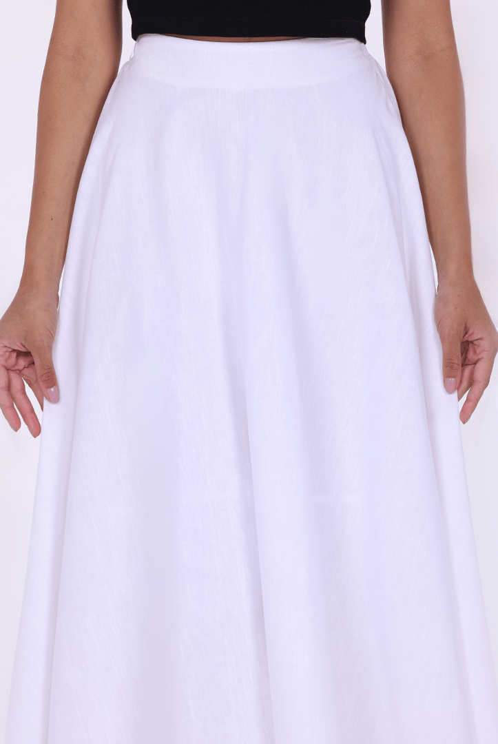 White Linen Blend Asymmetric Hem Maxi Skirt - shopaleena