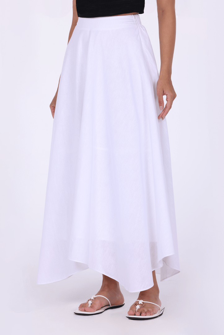 White Linen Blend Asymmetric Hem Maxi Skirt - shopaleena