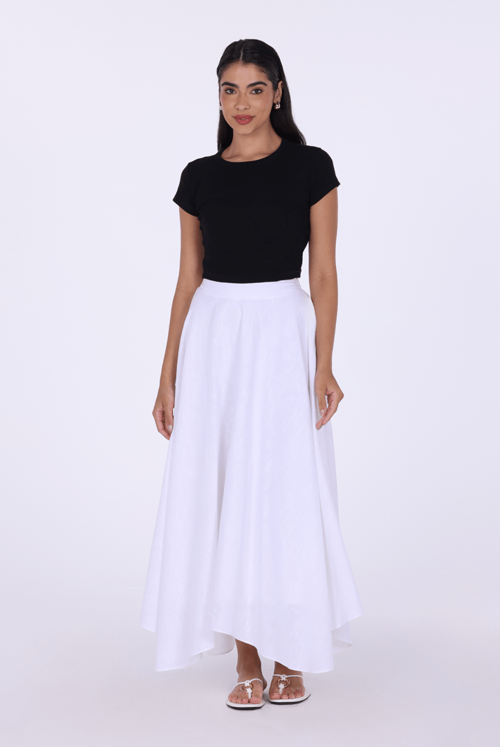 White Linen Blend Asymmetric Hem Maxi Skirt - shopaleena