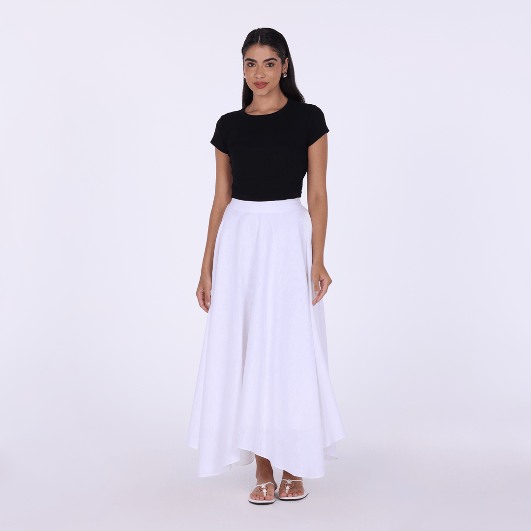 White Linen Blend Asymmetric Hem Maxi Skirt - shopaleena