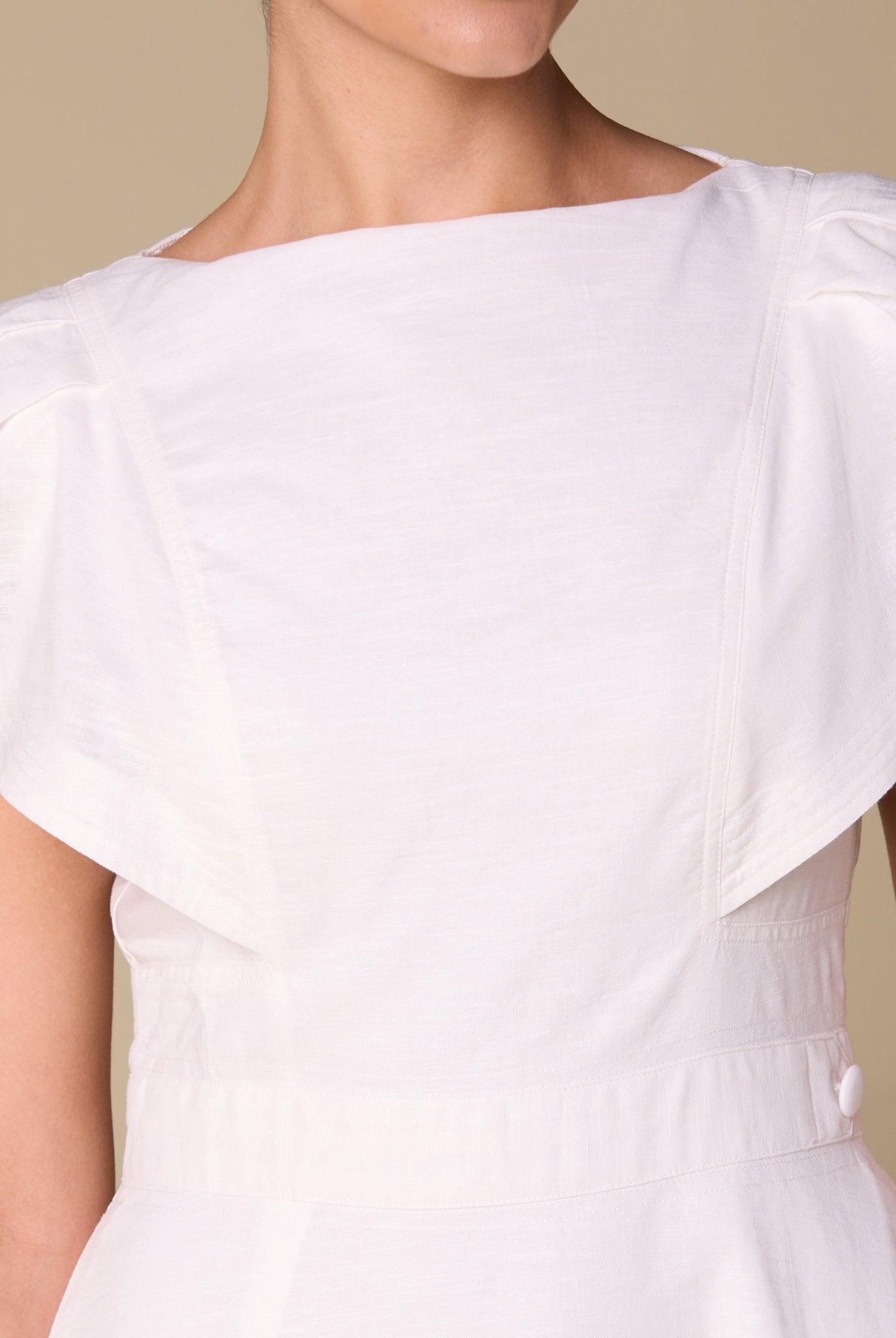 White Linen Blend Short Flared Sleeve Midi Dress - shopaleena