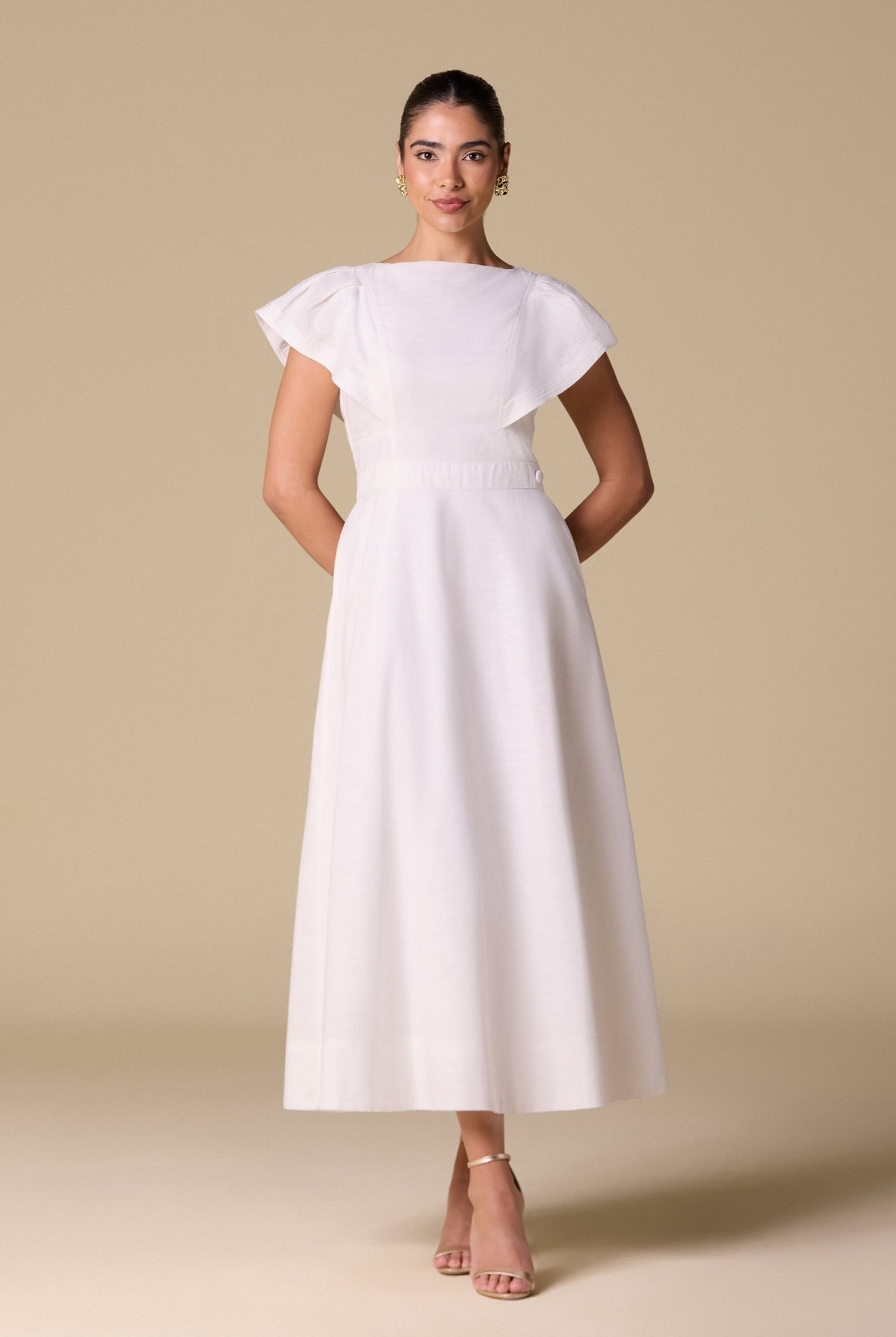 White Linen Blend Short Flared Sleeve Midi Dress - shopaleena