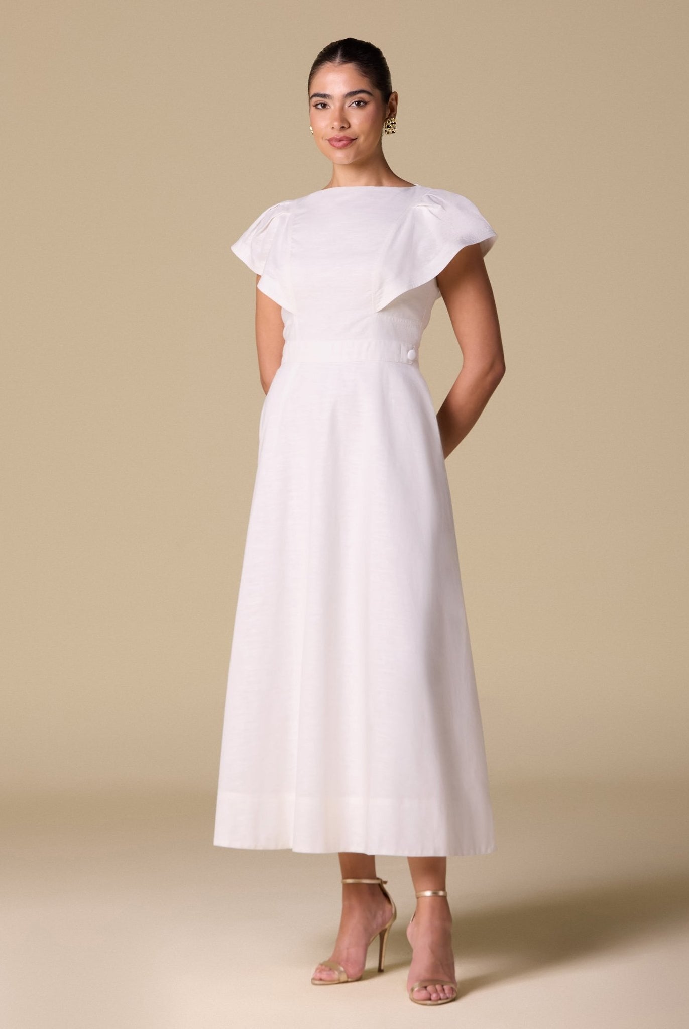 White Linen Blend Short Flared Sleeve Midi Dress - shopaleena