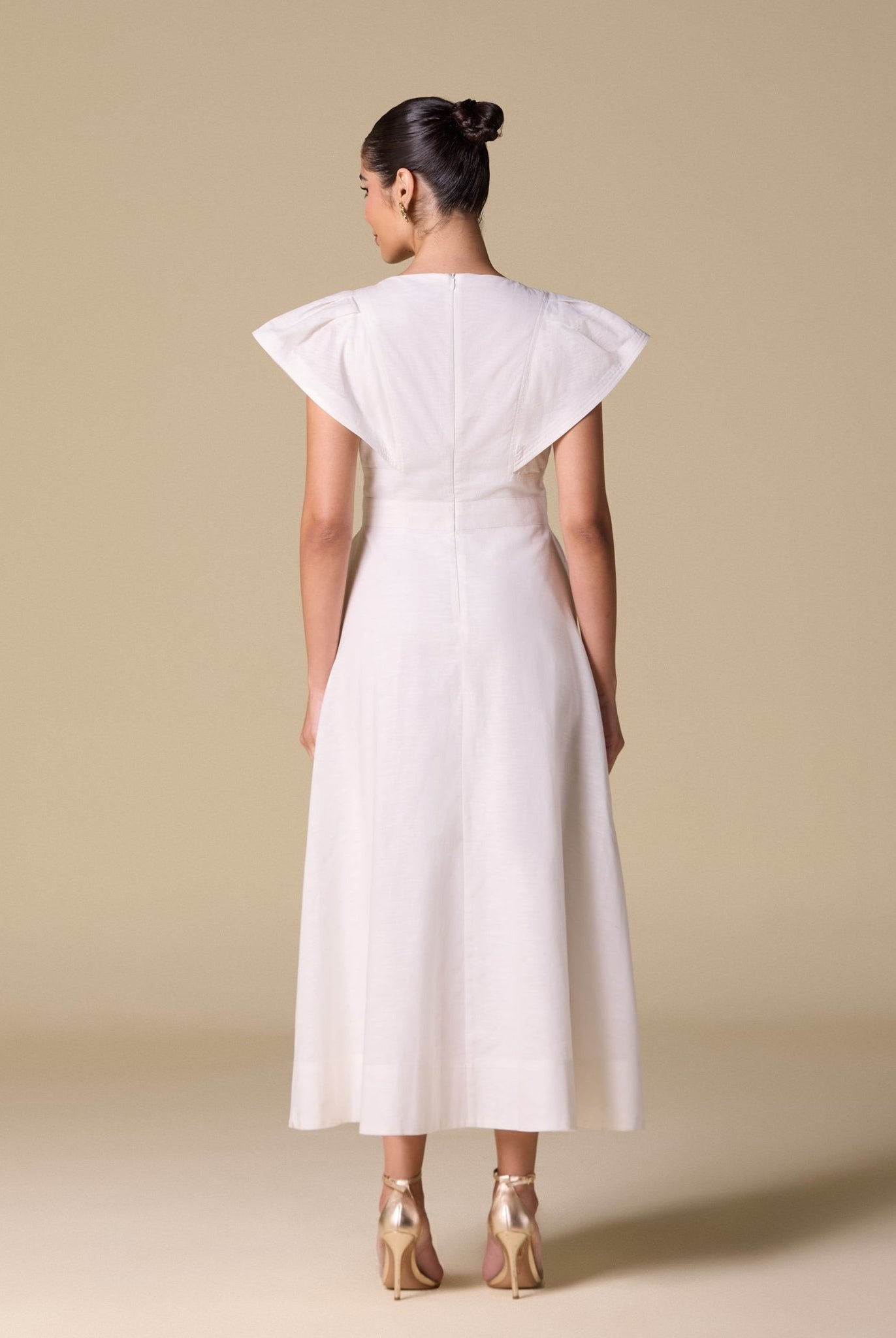 White Linen Blend Short Flared Sleeve Midi Dress - shopaleena