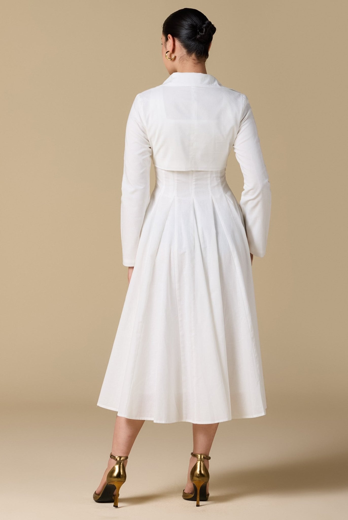 White Linen - Blend Square Neckline Dress with Crop Jacket - shopaleena