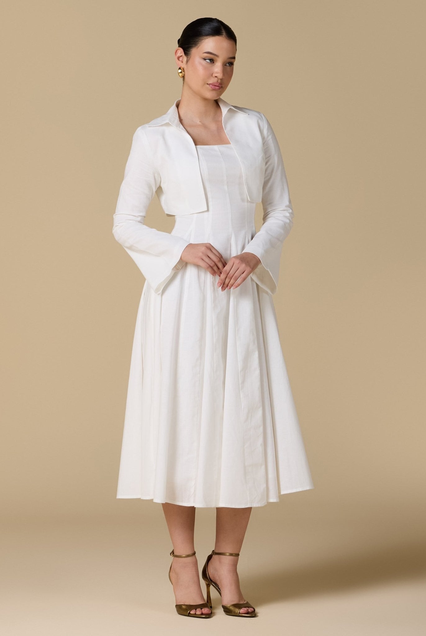 White Linen - Blend Square Neckline Dress with Crop Jacket - shopaleena