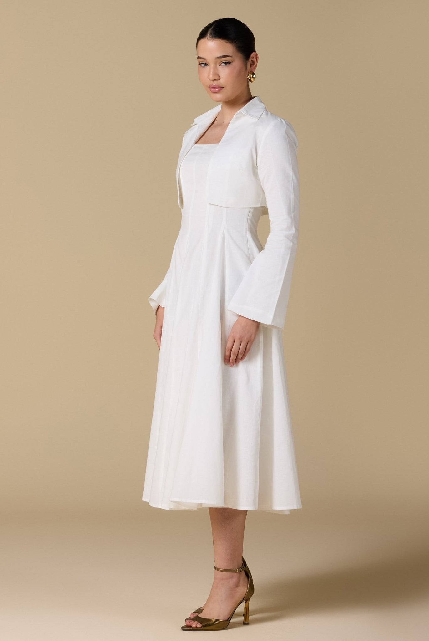 White Linen - Blend Square Neckline Dress with Crop Jacket - shopaleena