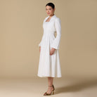 White Linen - Blend Square Neckline Dress with Crop Jacket - shopaleena