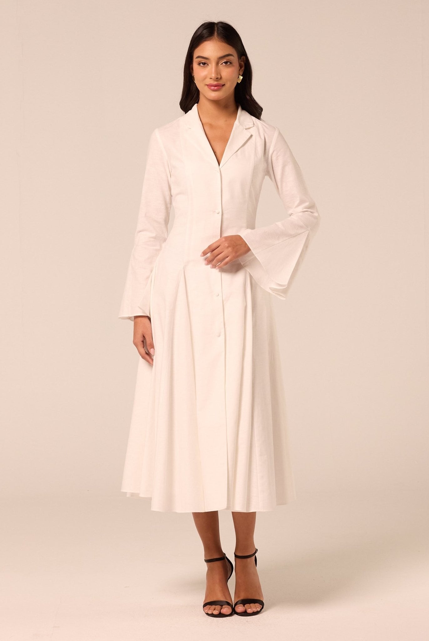 White Linen Midi Shirt Dress - shopaleena