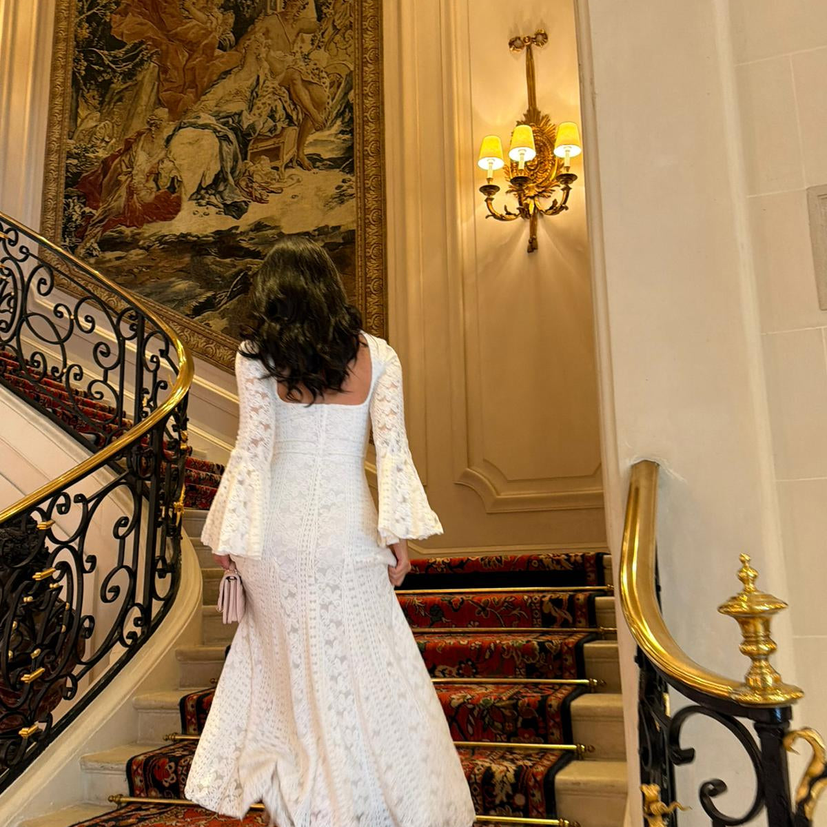White Long Flared Sleeve Lace Dress with Open Back shopaleena White Long Flared Sleeve Lace Dress with Open Back shopaleena