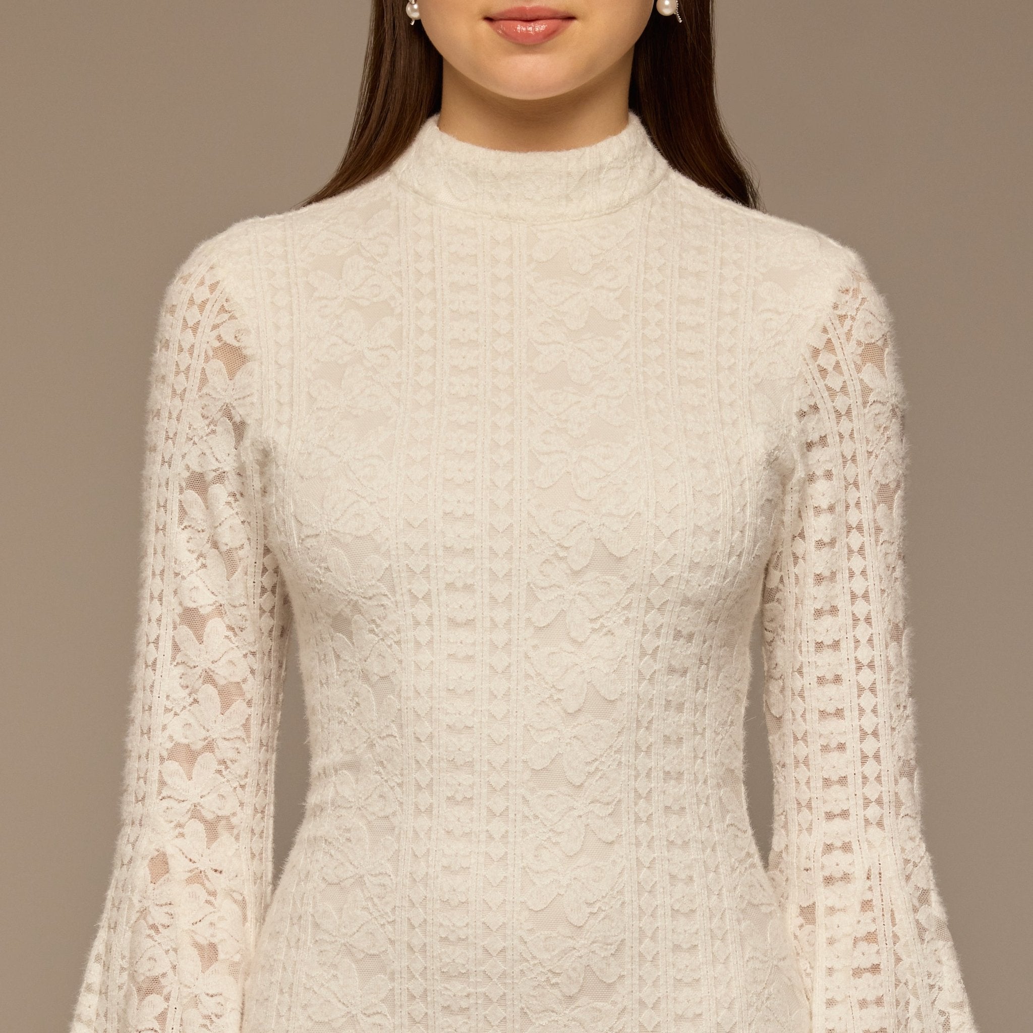 White Long Flared Sleeve Lace Dress with Open Back - shopaleena