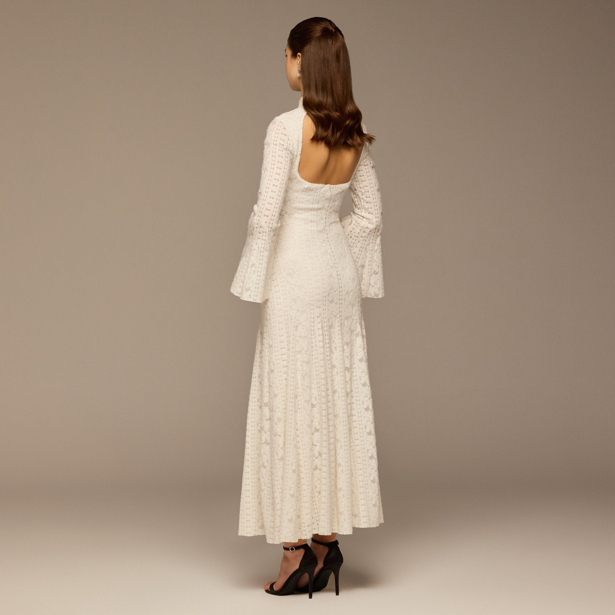 White Long Flared Sleeve Lace Dress with Open Back - shopaleena