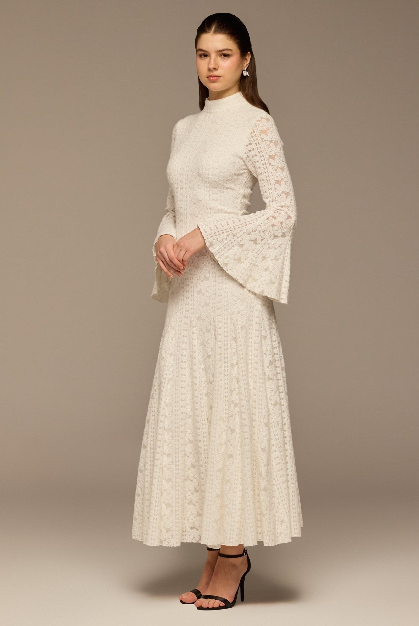 White Long Flared Sleeve Lace Dress with Open Back - shopaleena