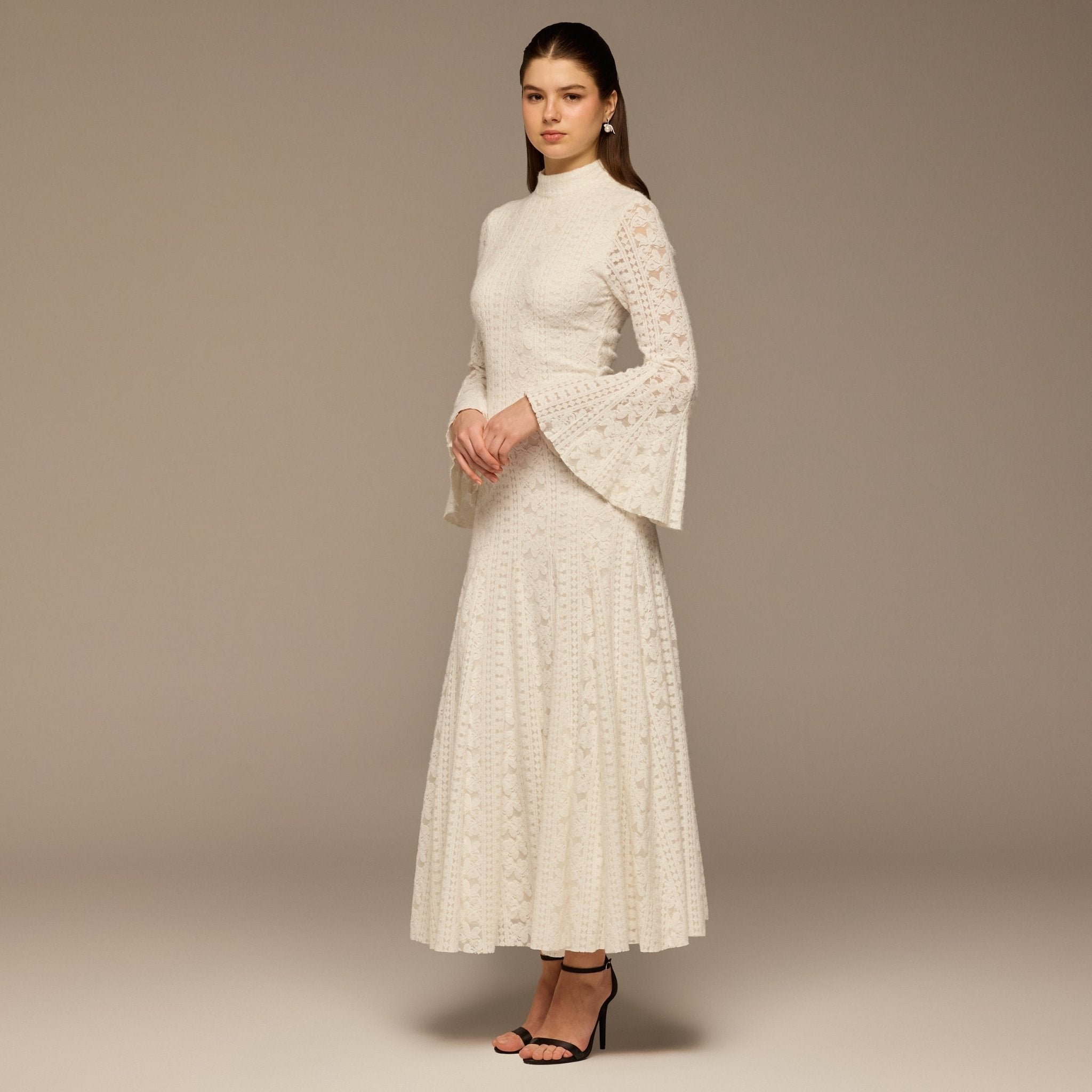 White Long Flared Sleeve Lace Dress with Open Back - shopaleena