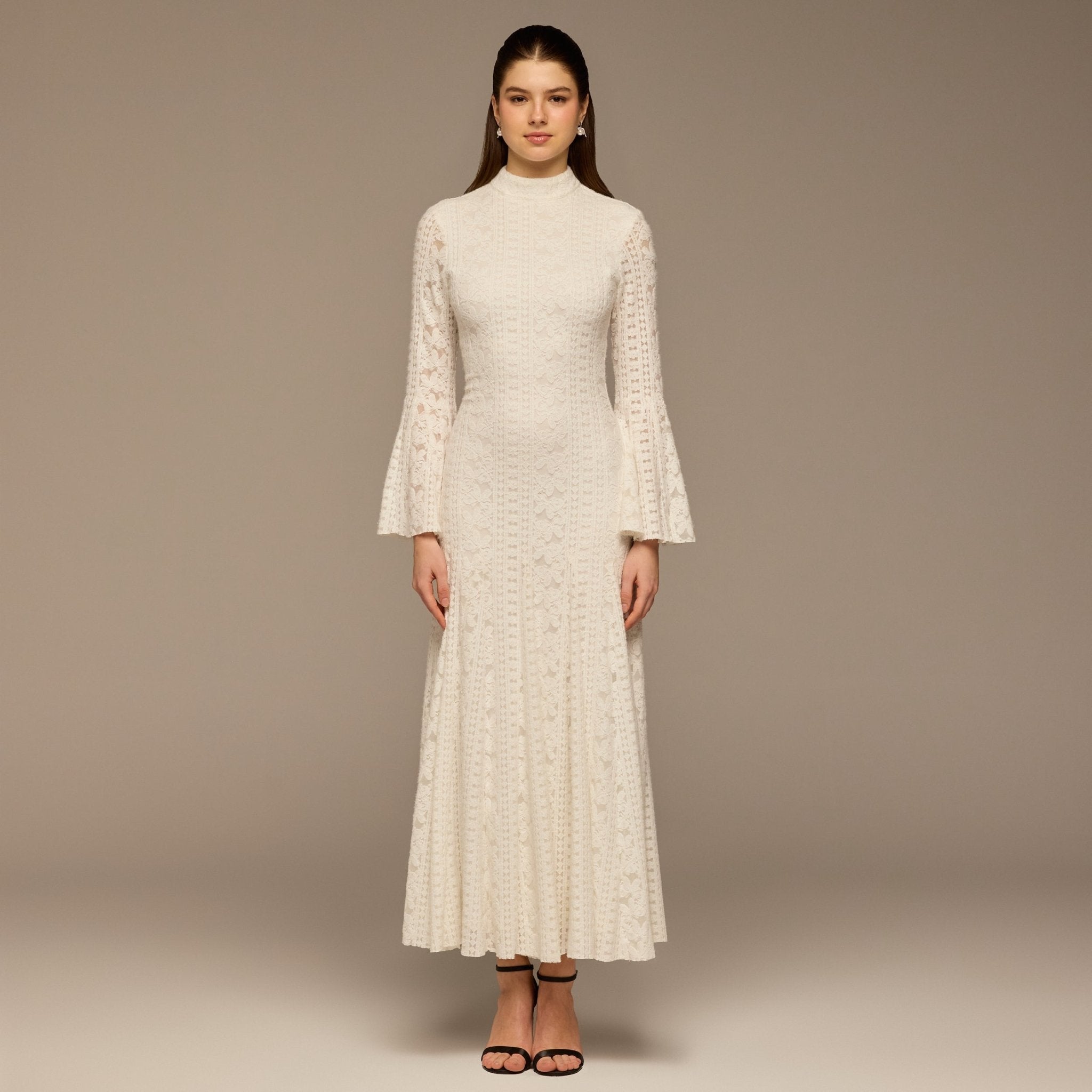 White Long Flared Sleeve Lace Dress with Open Back - shopaleena