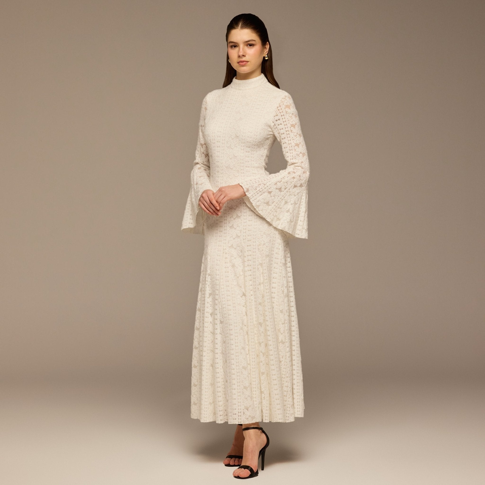 White Long Flared Sleeve Lace Dress - shopaleena