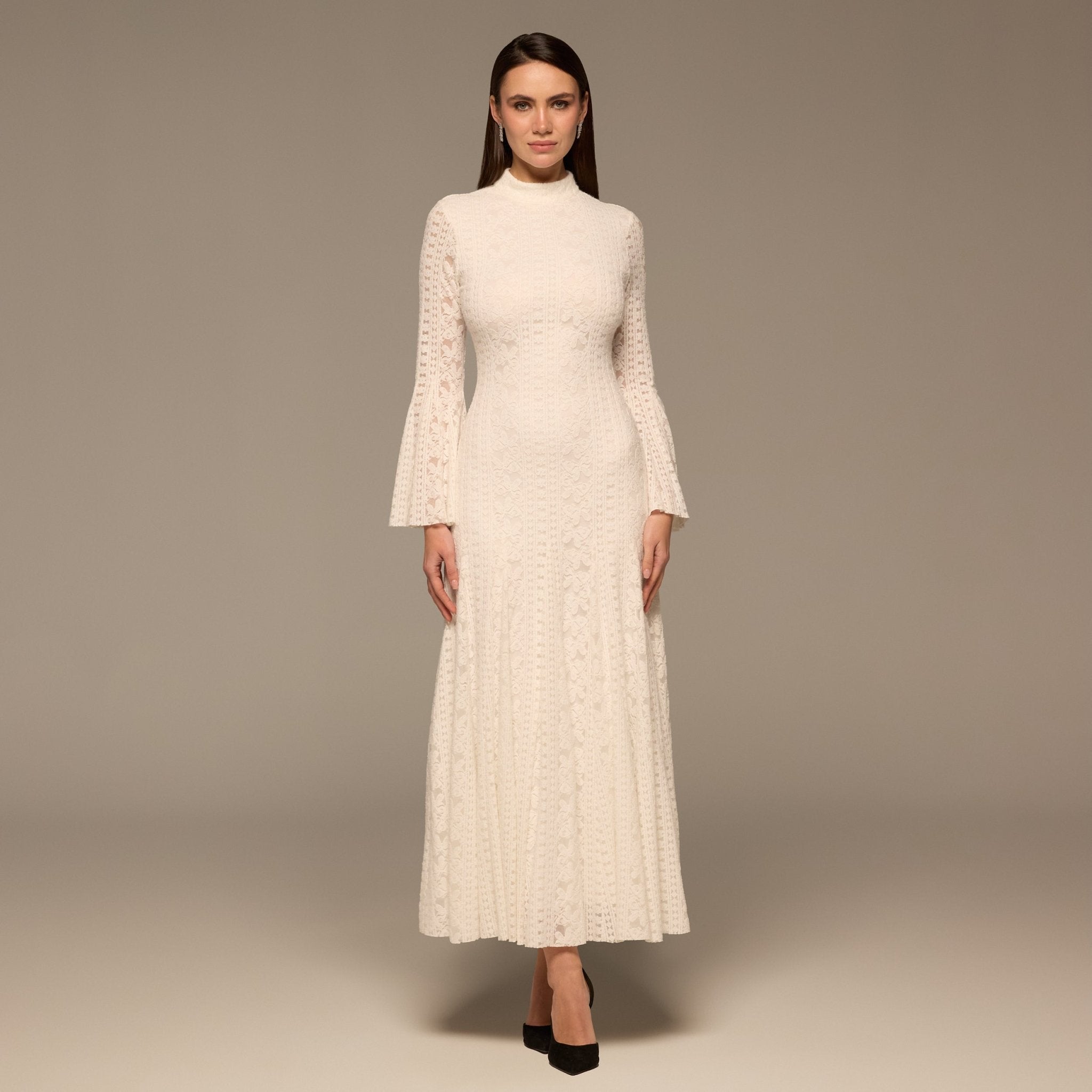 White Long Flared Sleeve Lace Dress - shopaleena