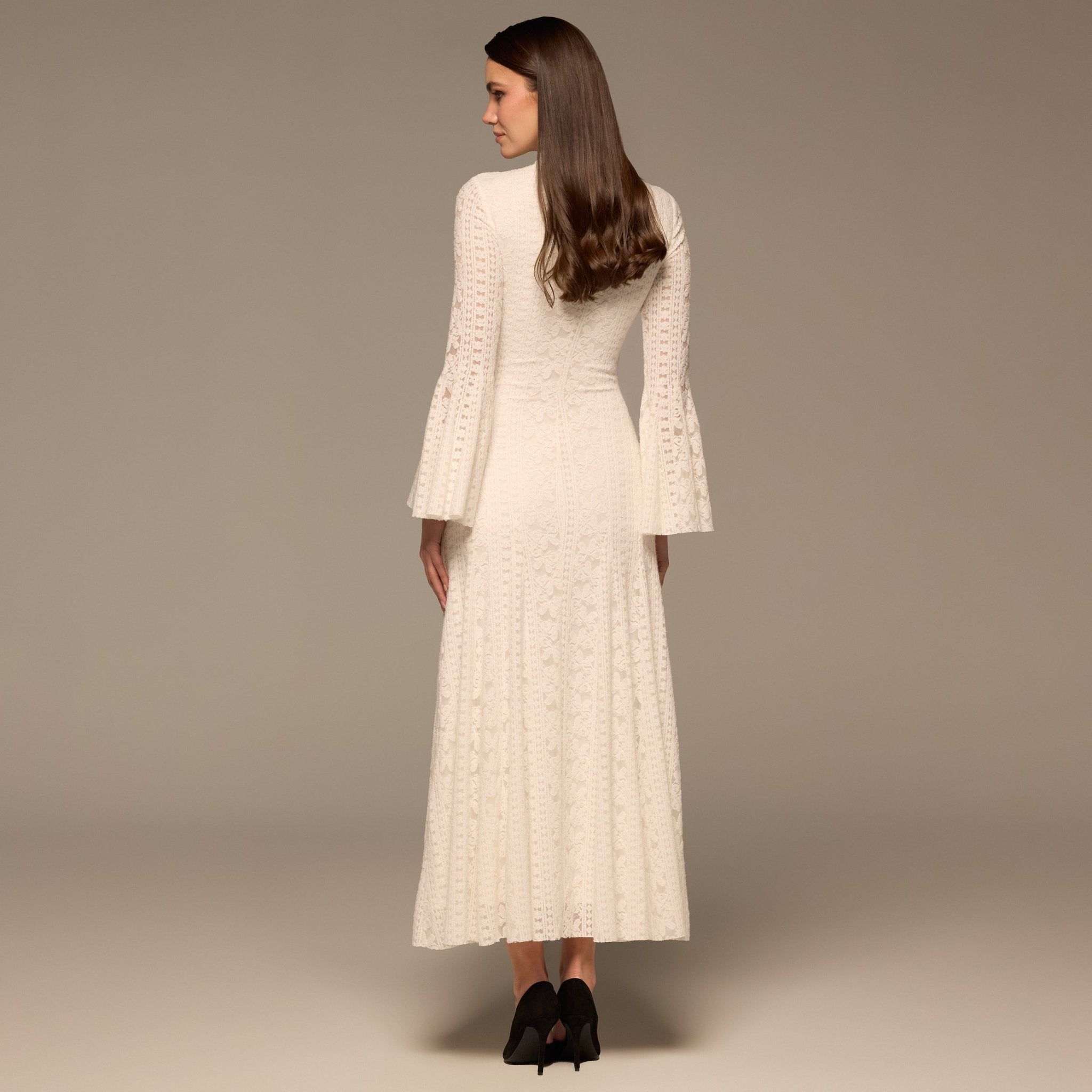 White Long Flared Sleeve Lace Dress - shopaleena