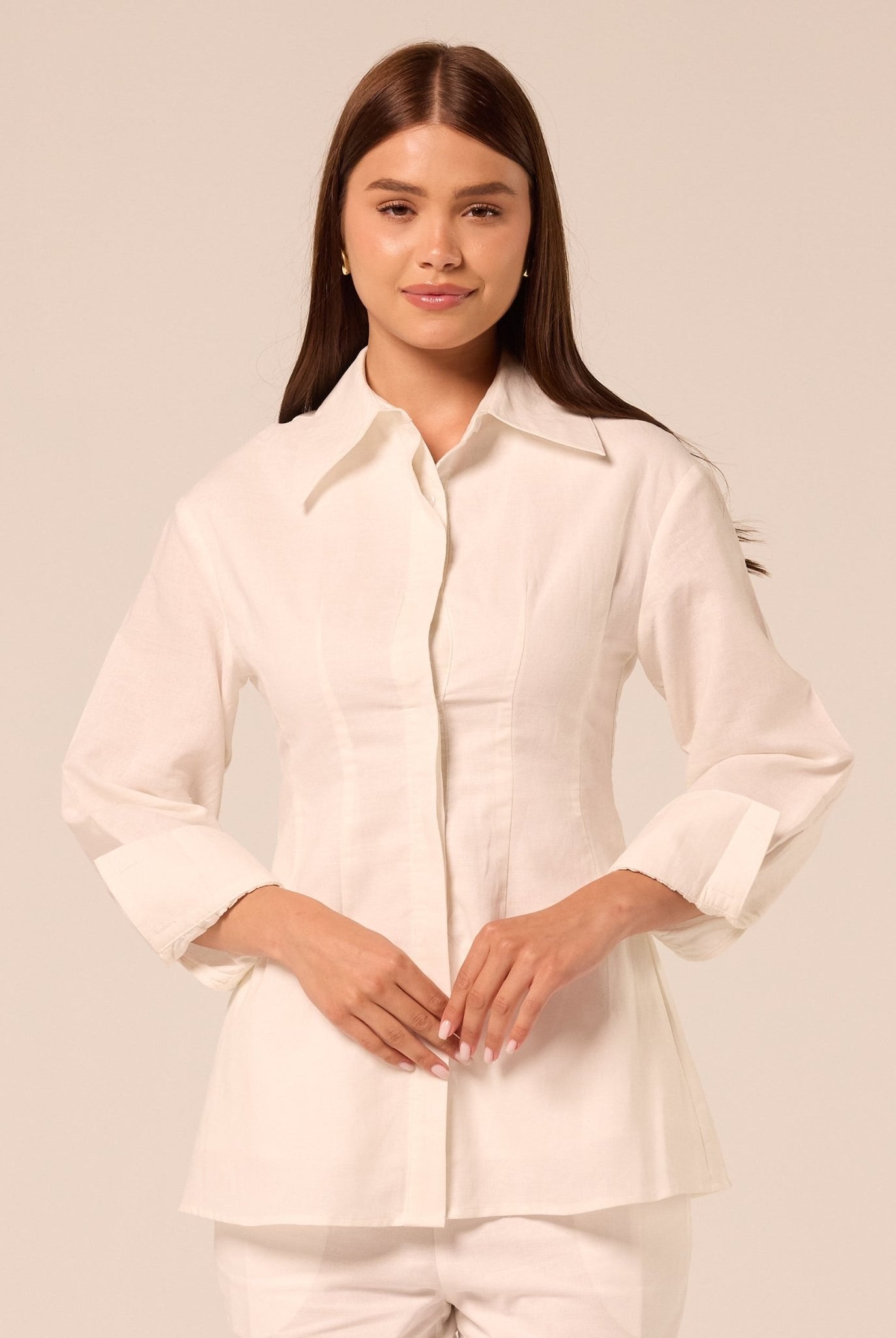 White Long Sleeve Cotton-Linen Shirt - shopaleena
