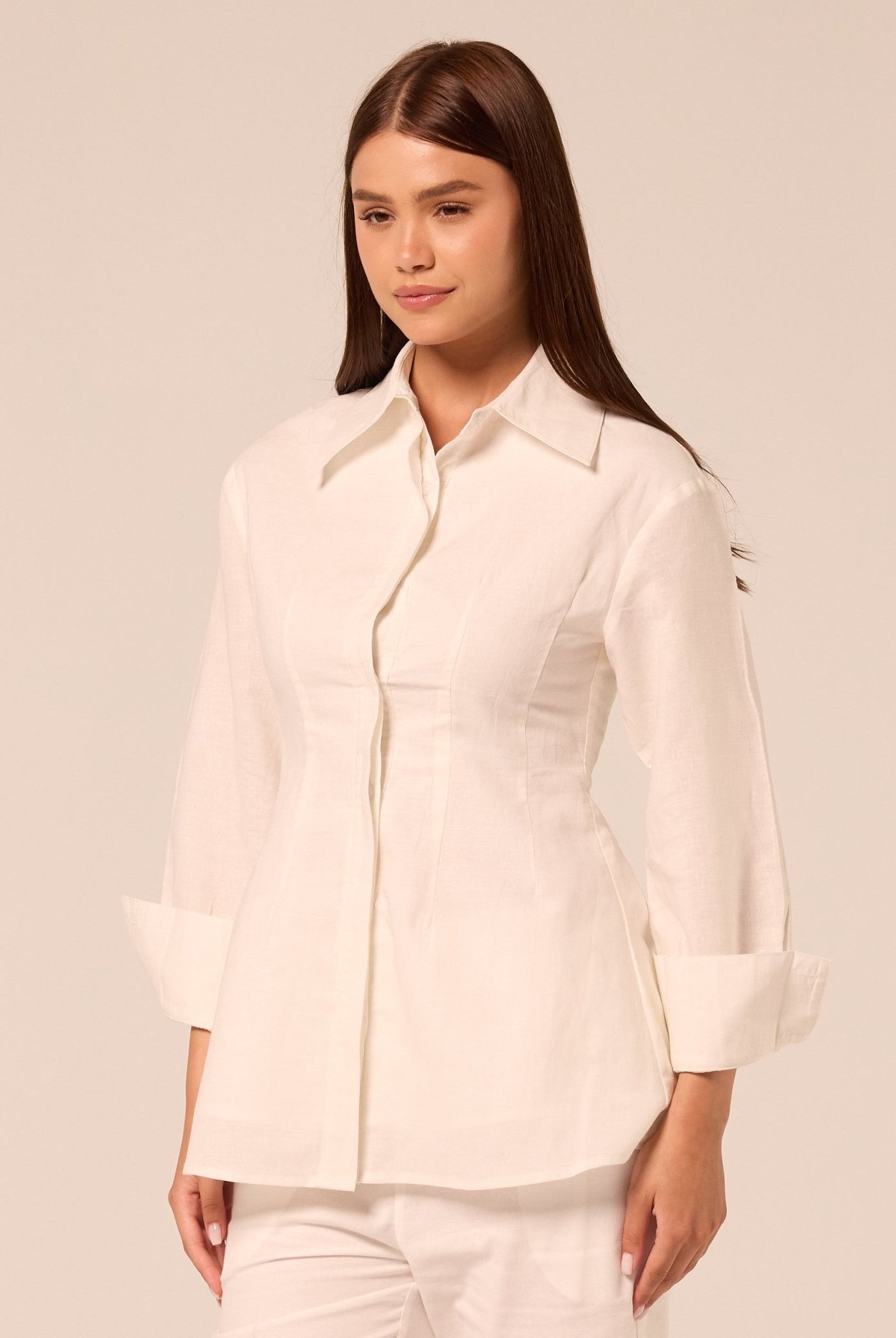 White Long Sleeve Cotton-Linen Shirt - shopaleena