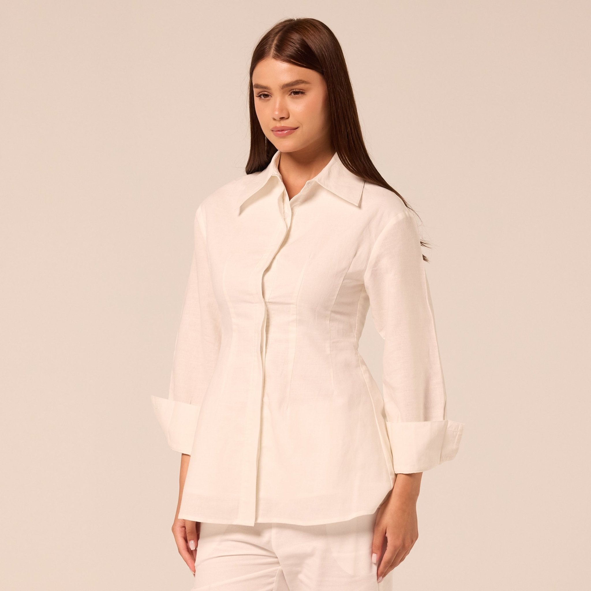 White Long Sleeve Cotton-Linen Shirt - shopaleena