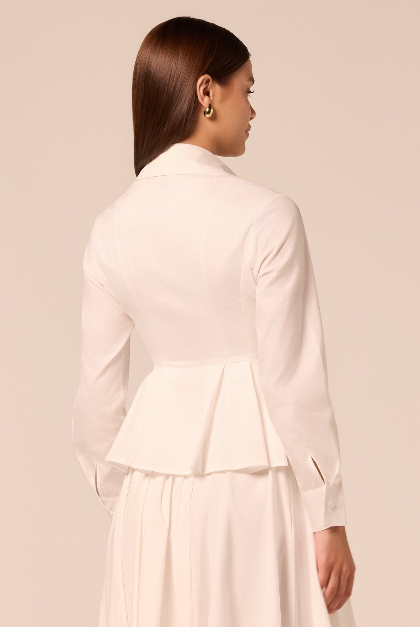 White Long Sleeve Peplum Shirt - shopaleena