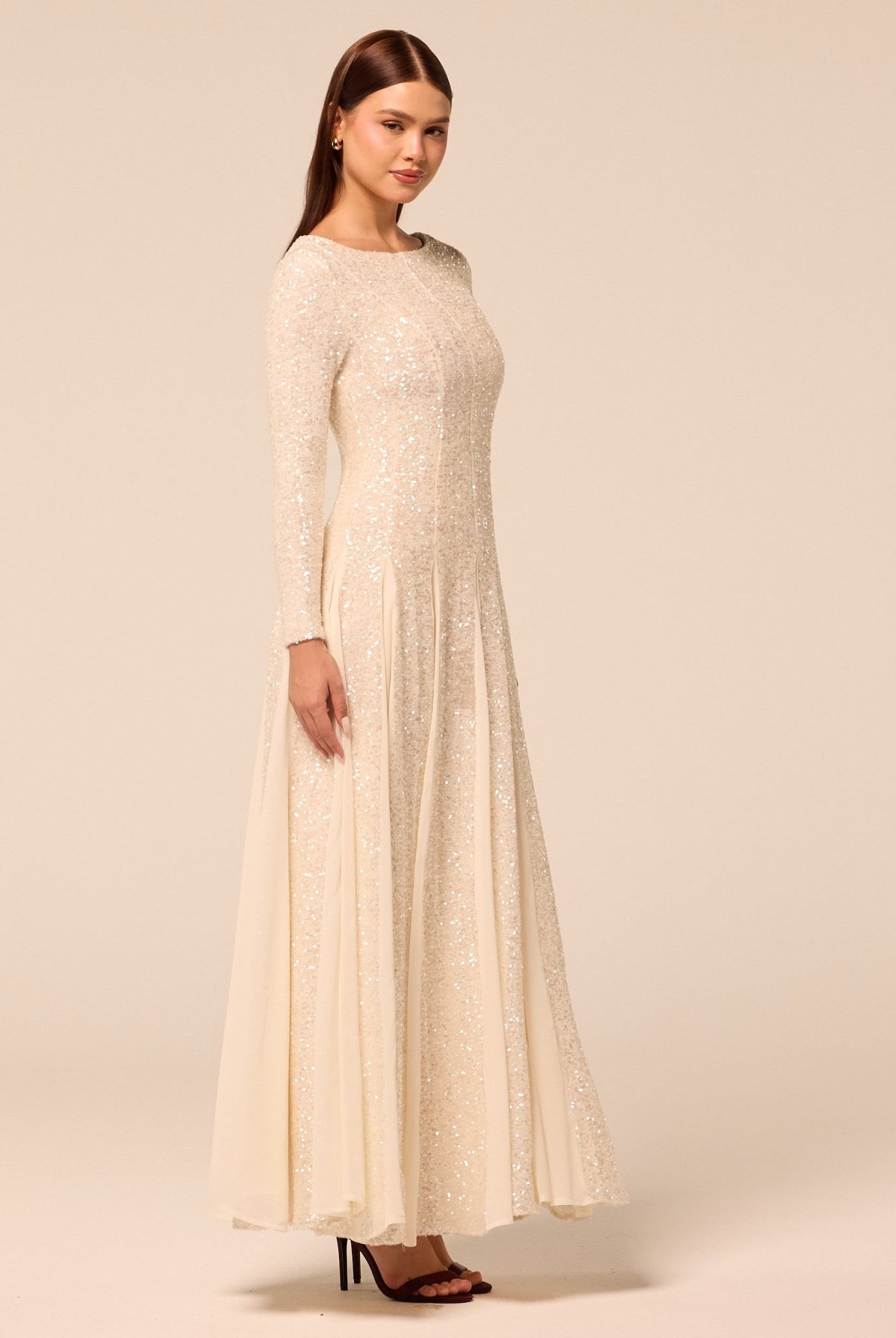 White Long Sleeve Sequin Dress with Chiffon Godets - shopaleena