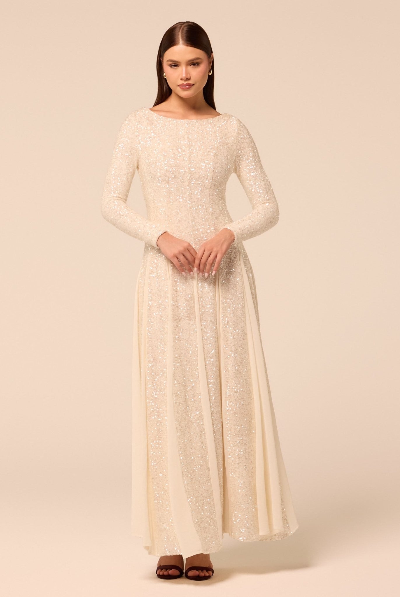 White Long Sleeve Sequin Dress with Chiffon Godets - shopaleena