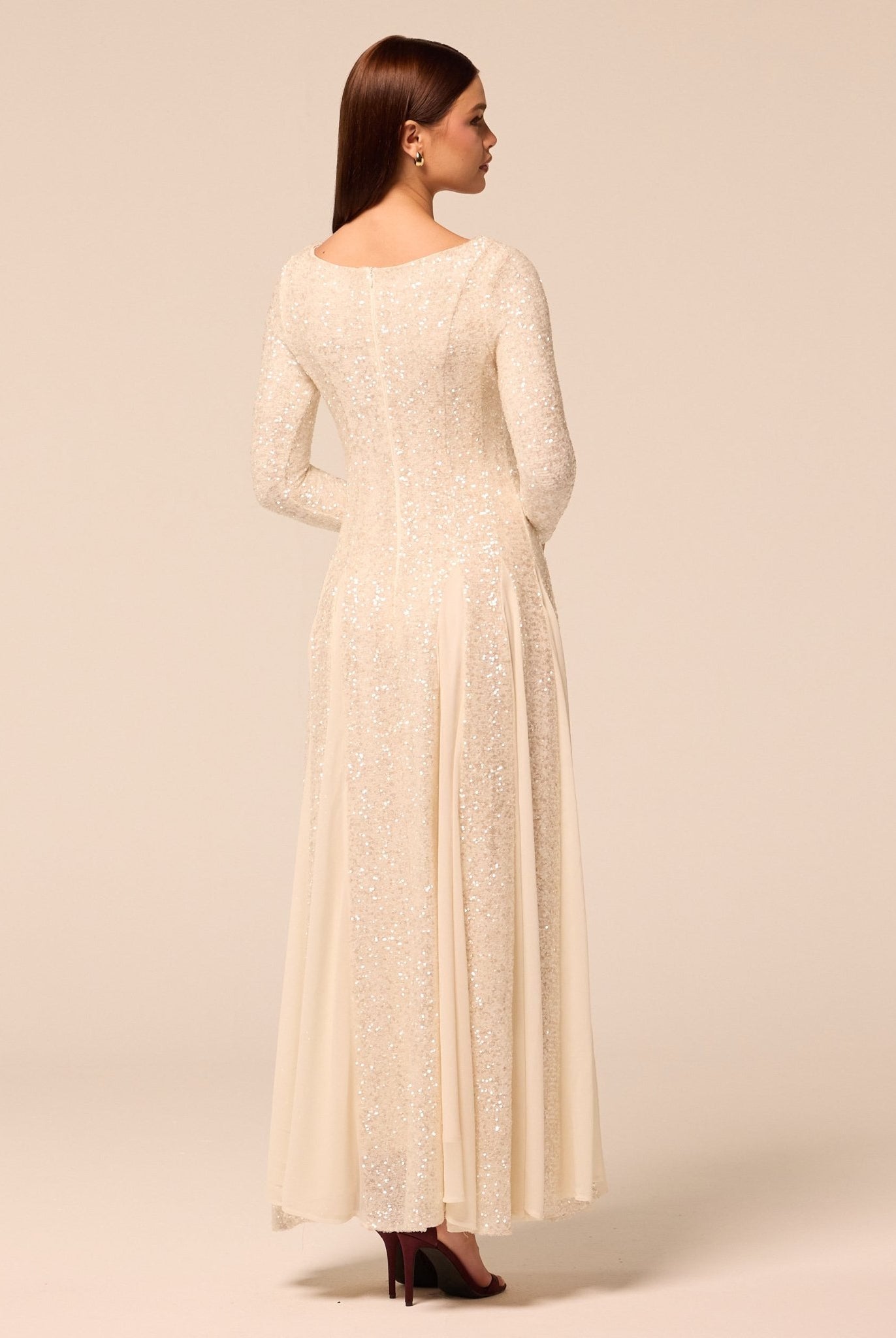 White Long Sleeve Sequin Dress with Chiffon Godets - shopaleena