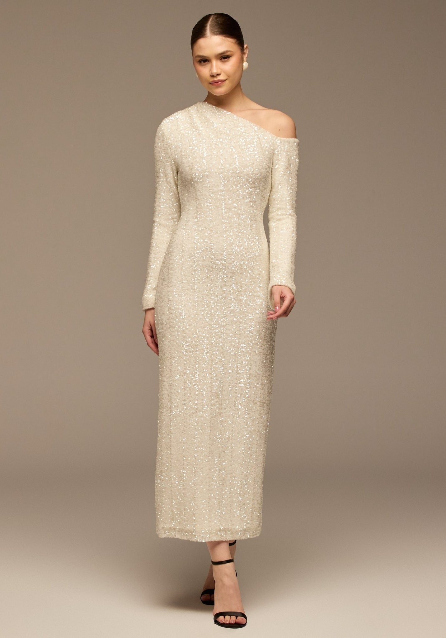 White Long - Sleeve Sequin Maxi Dress - shopaleena