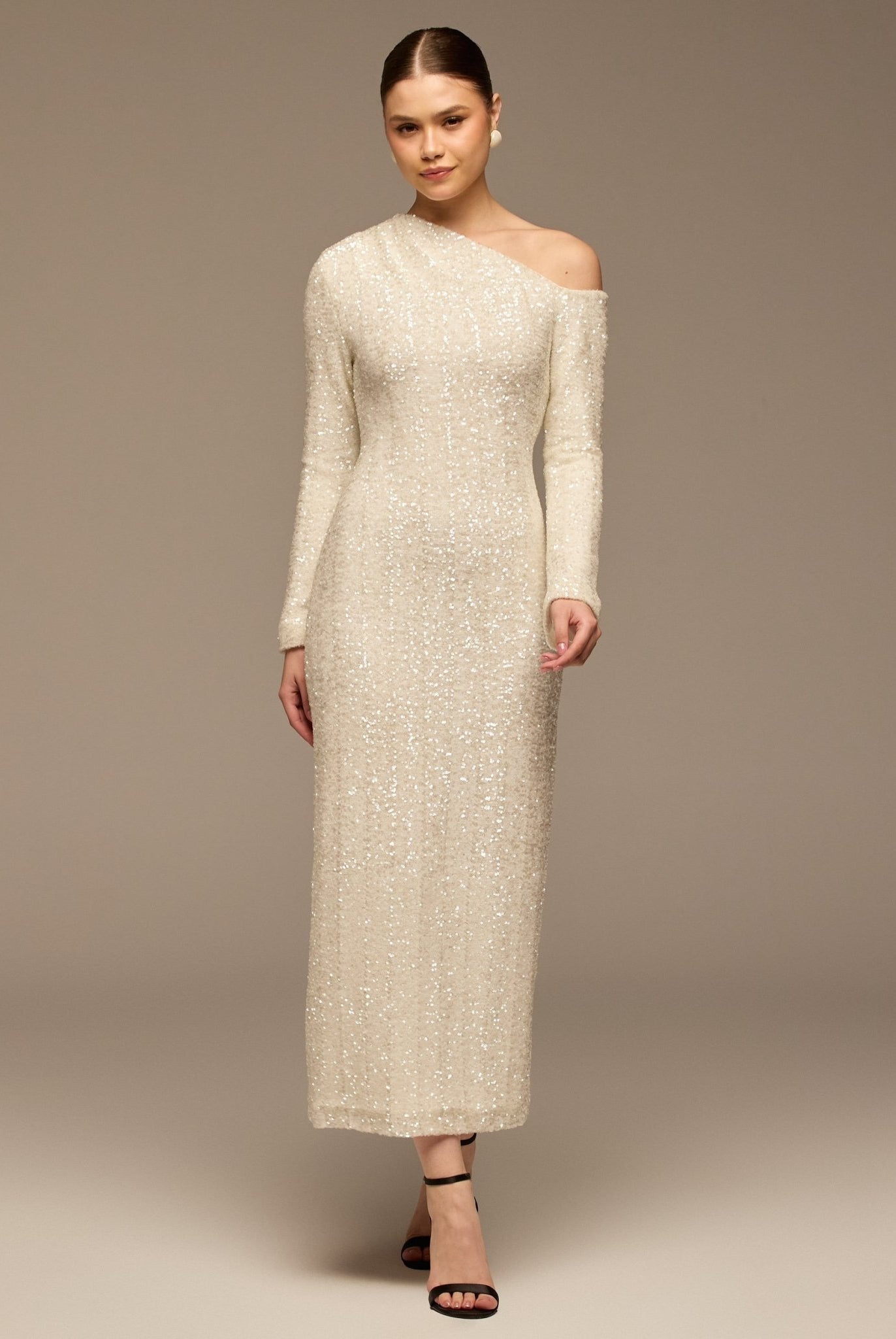 White Long - Sleeve Sequin Maxi Dress - shopaleena