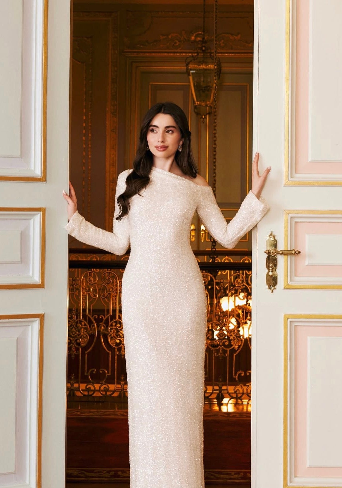 White Long - Sleeve Sequin Maxi Dress - shopaleena