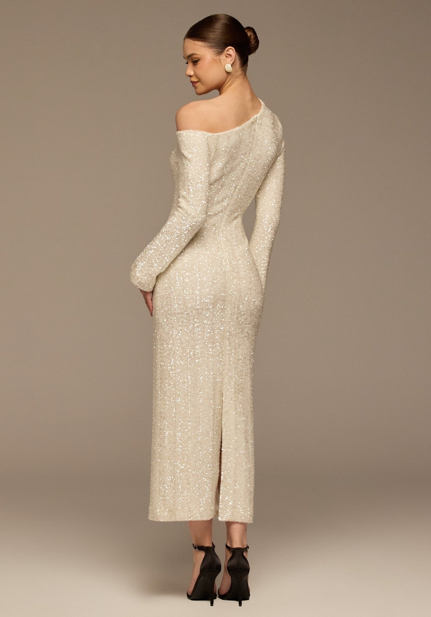 White Long - Sleeve Sequin Maxi Dress - shopaleena