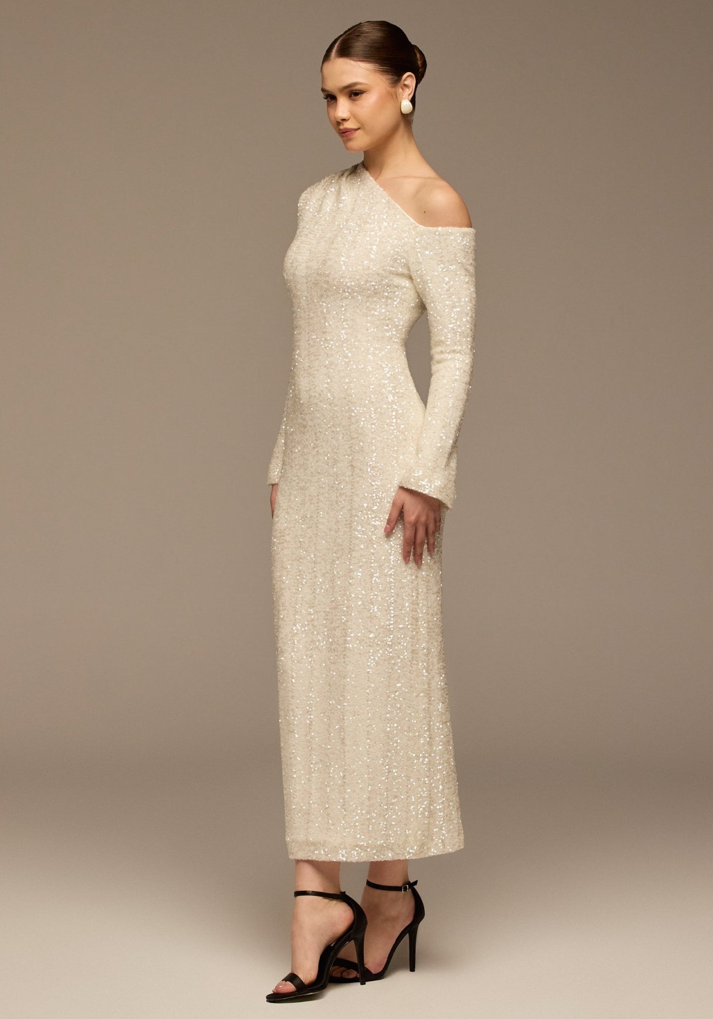 White Long - Sleeve Sequin Maxi Dress - shopaleena