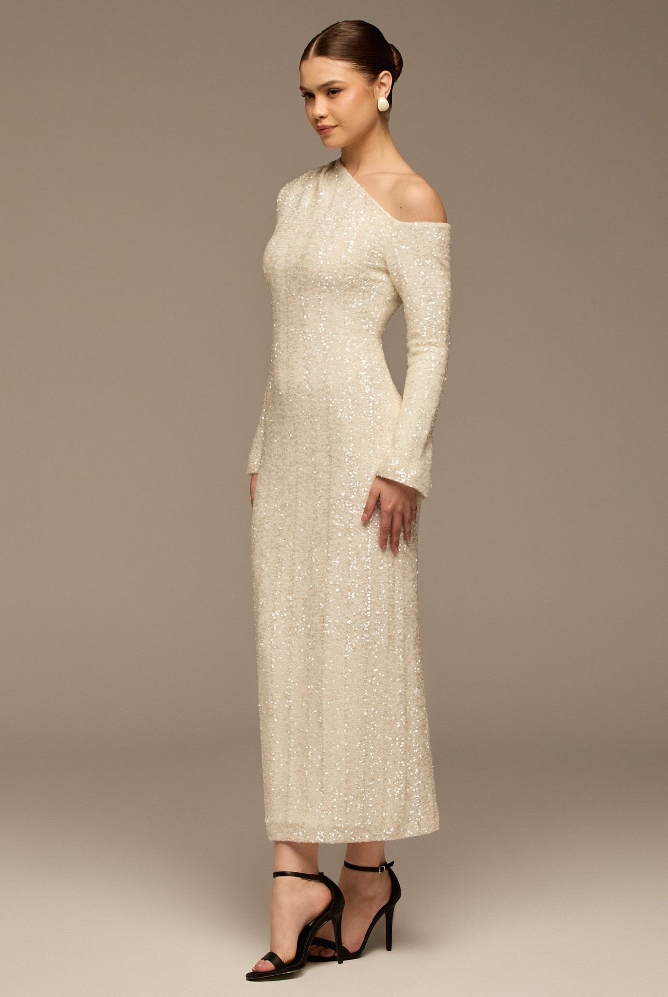 White Long - Sleeve Sequin Maxi Dress - shopaleena