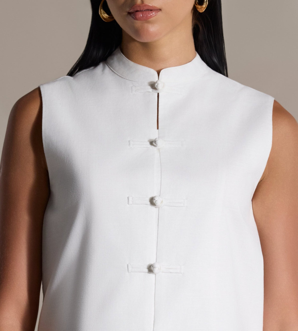 White Mandarin Collar Linen Vest - shopaleena