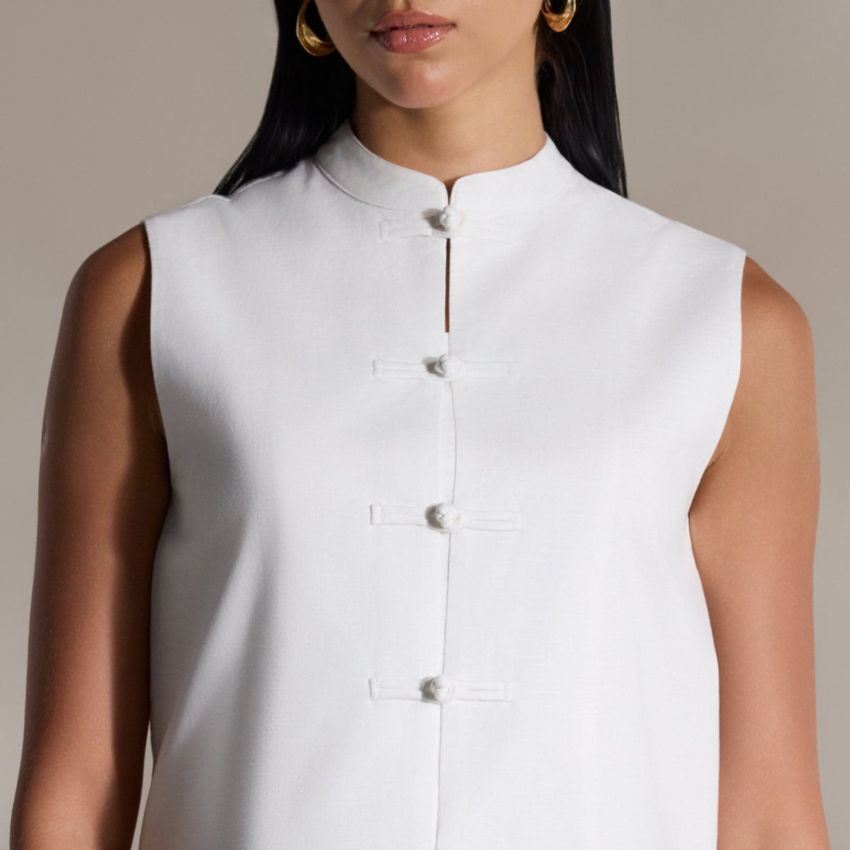 White Mandarin Collar Linen Vest - shopaleena