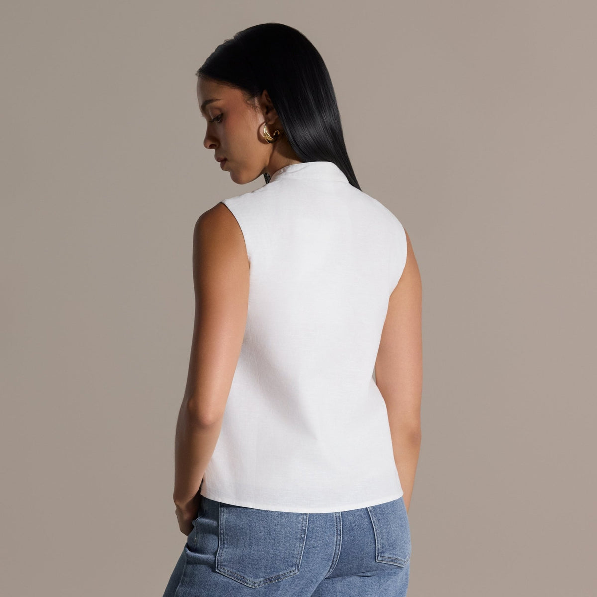 White Mandarin Collar Linen Vest - shopaleena