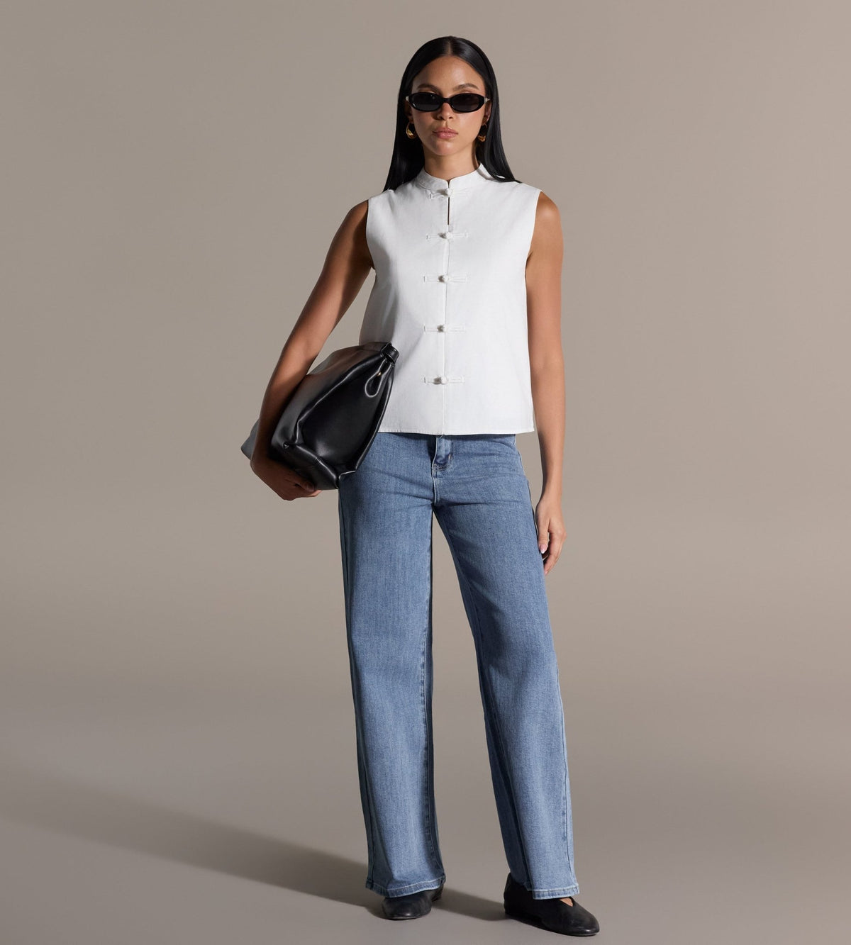 White Mandarin Collar Linen Vest - shopaleena