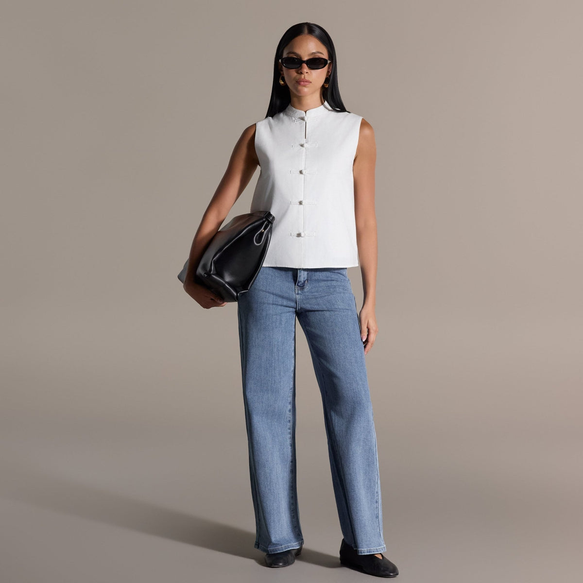 White Mandarin Collar Linen Vest - shopaleena
