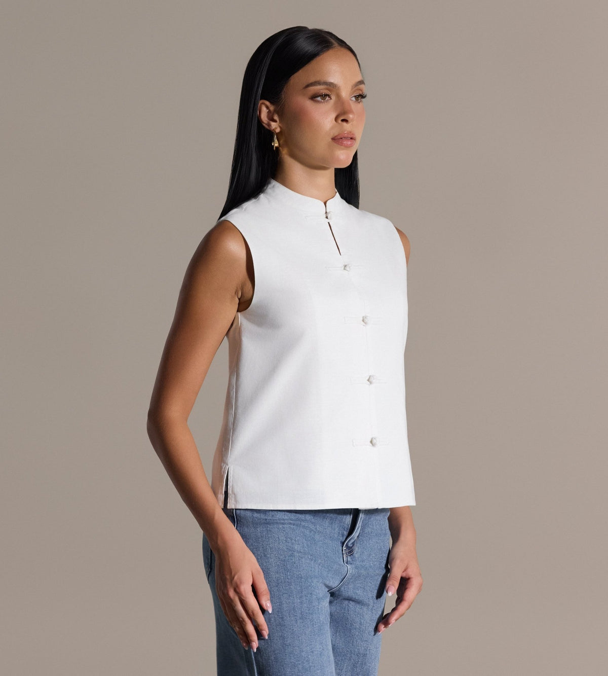 White Mandarin Collar Linen Vest - shopaleena